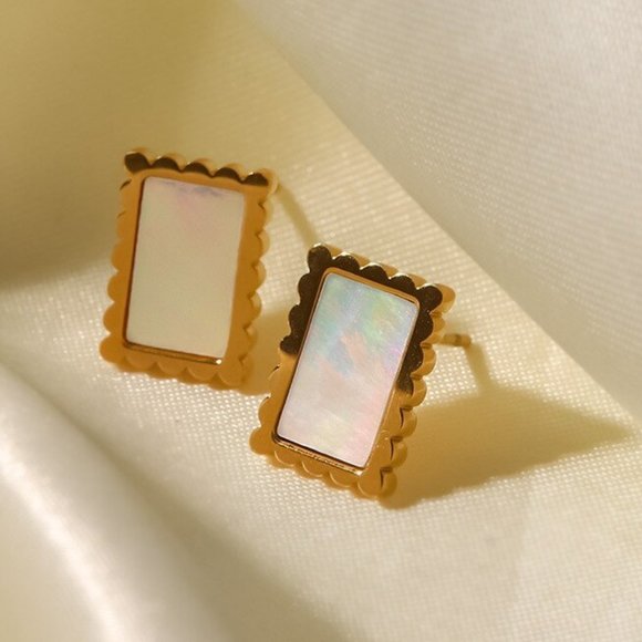 White Shell Rectangle 18K Gold Plated Stainless Steel Stud Earrings